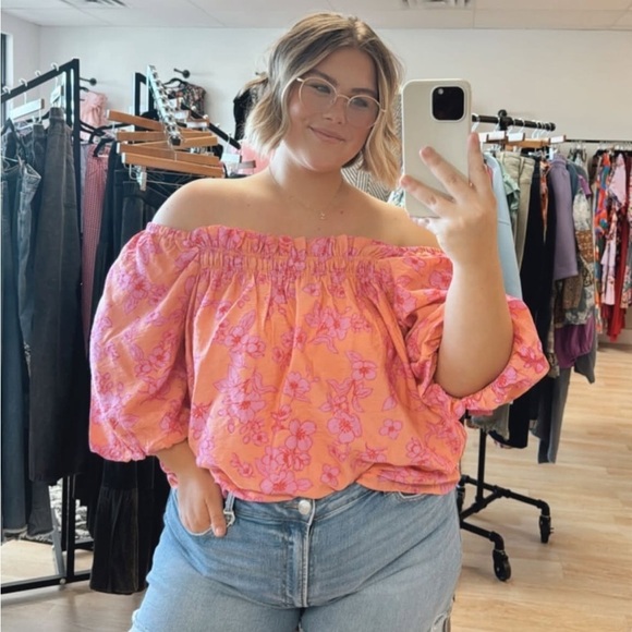 ODDY Tops - Oddy Floral Off Shoulder Puff Sleeve Blouse Pink Peach Plus Size 1X